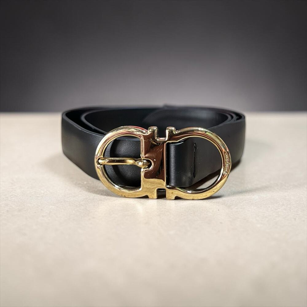 Salvatore Ferragamo Black Leather Belt with Gold Double Gancini Buckle